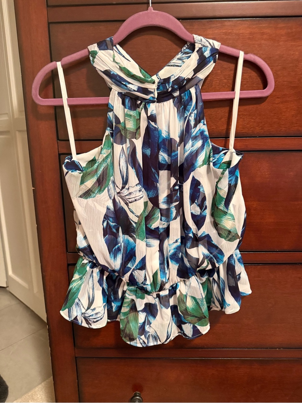 White House Black Market Blue, Green and White Leaf-Print Halter Blouse
